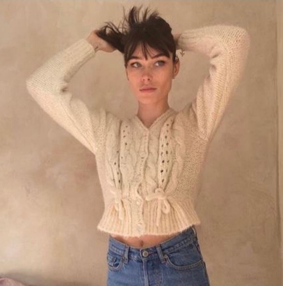 Rouje Aria Cable Knit Tie Front Alpaca Cardigan Sweater Solid Cream Ecru - Picture 2 of 8